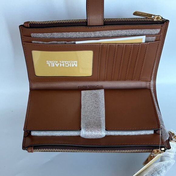 NWT Michael Kors Jet Set Travel Double Zip Large Phone Wallet MK Brown/Luggage - Picture 10 of 11